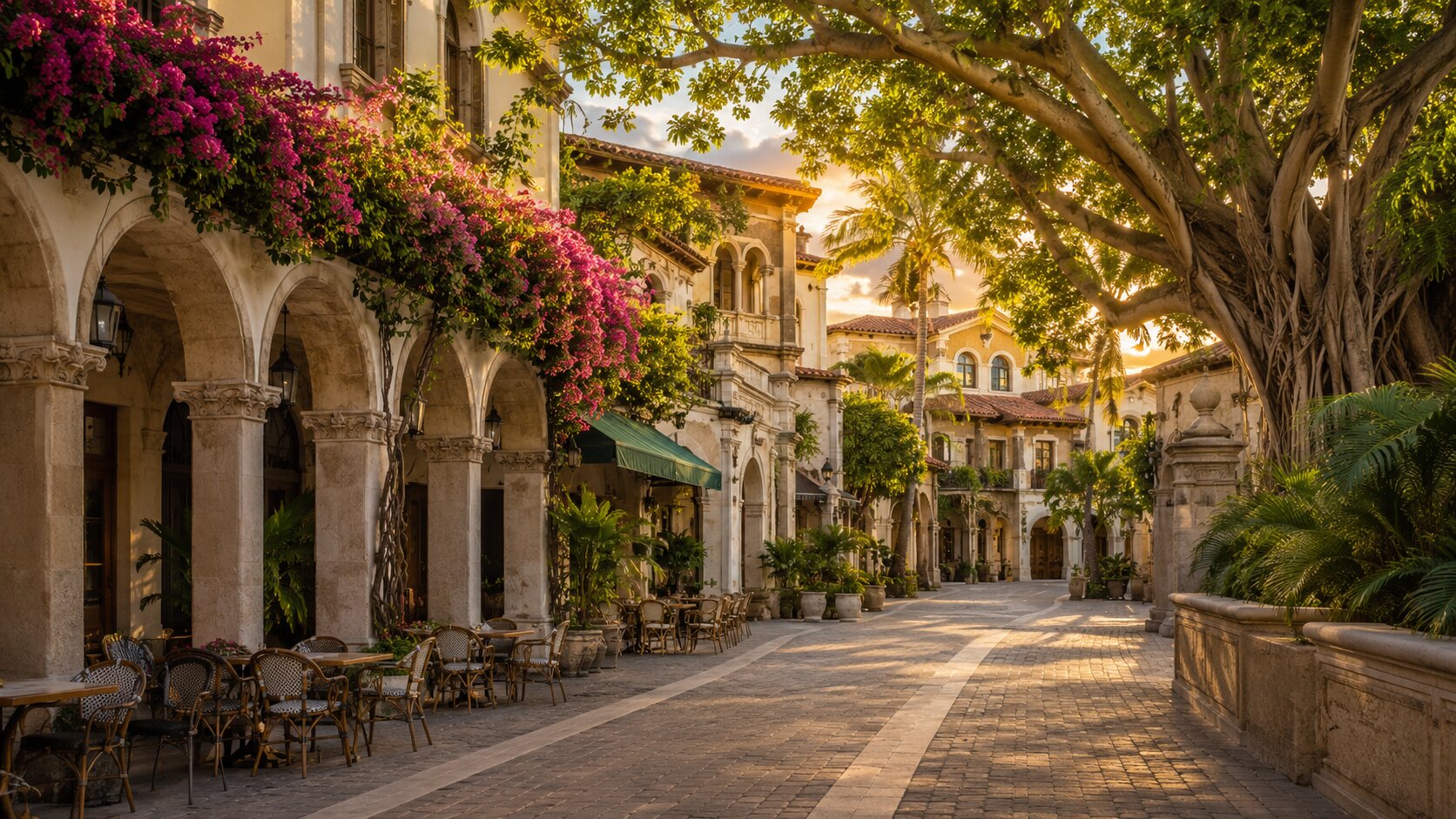Rues de Coral Gables à l'heure dorée